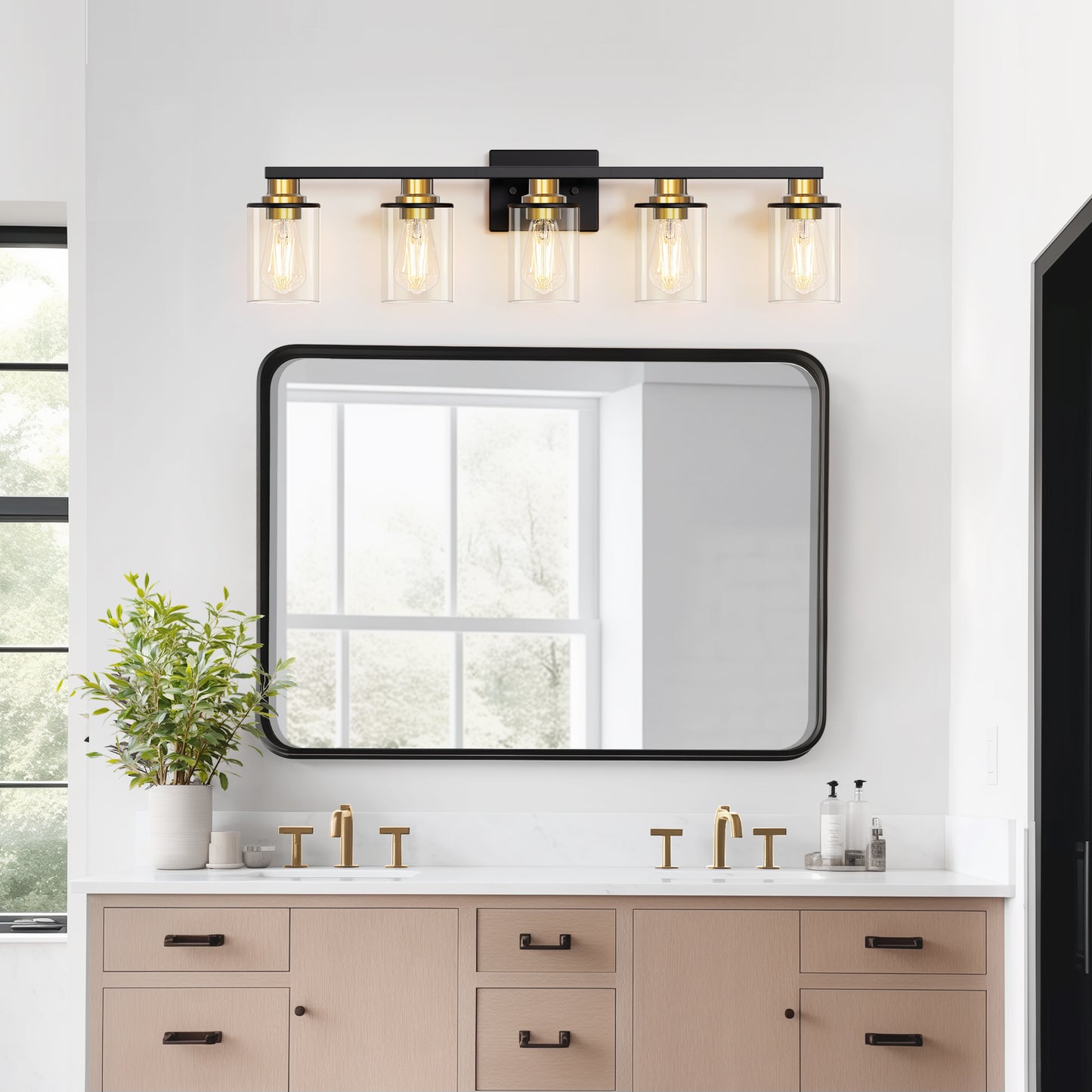 33 in. 5 Light Bathroom Vanity Light,Black and Gold Light with Clear Glass Shade, Black Wall Sconce for Bathroom,Bedroom