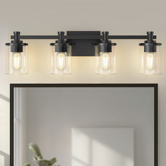 28 in. 4 Light Matte Black Industrial Modern Cylinder Vanity Light for Bathroom with Clear Glass Shades