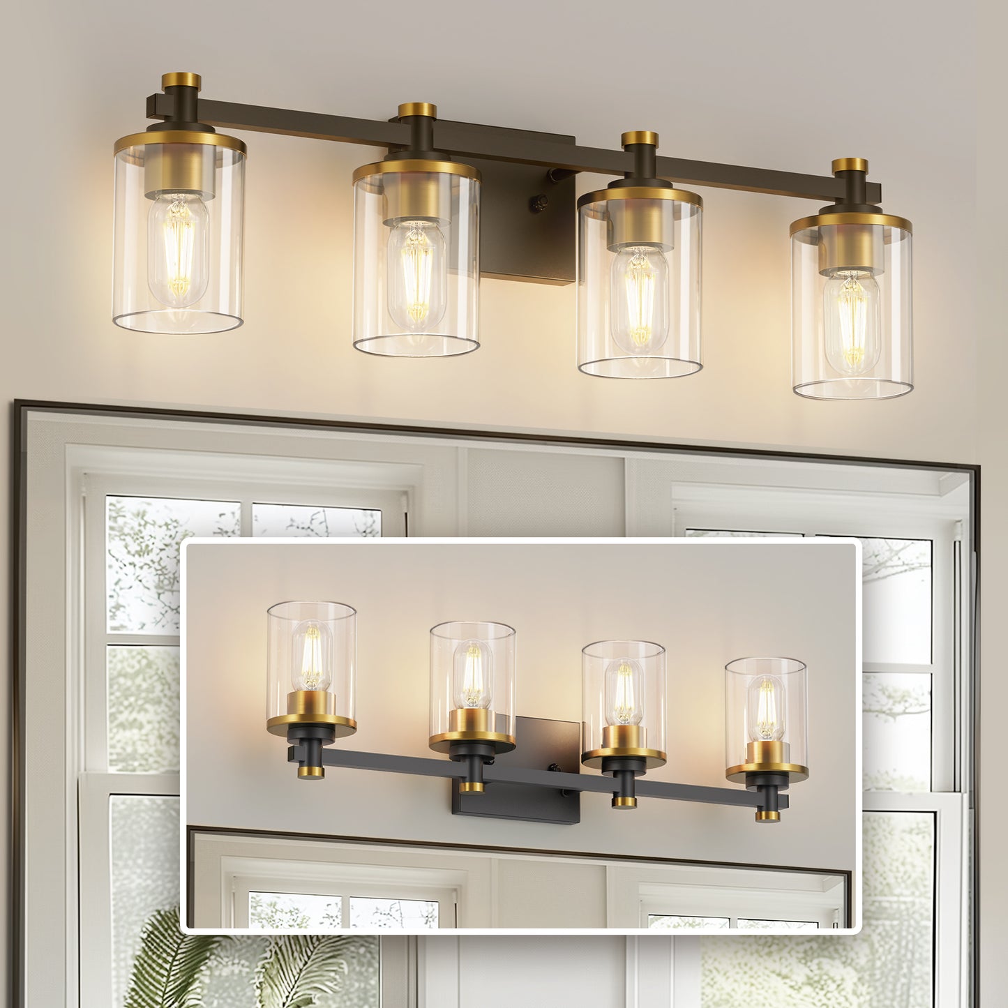 28 in. 4-Light Modern Black and Gold Bathroom Vanity Light with Clear Glass Shades for Bathroom, Bedroom, and Hallway