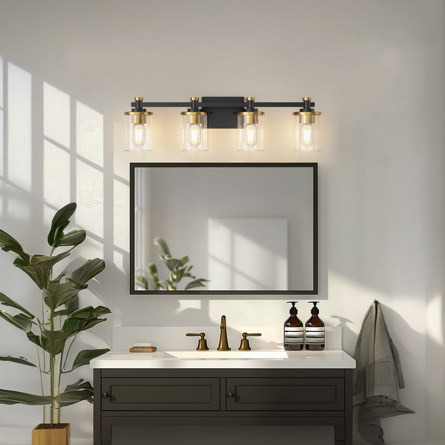 28 in. 4-Light Modern Black and Gold Bathroom Vanity Light with Clear Glass Shades for Bathroom, Bedroom, and Hallway