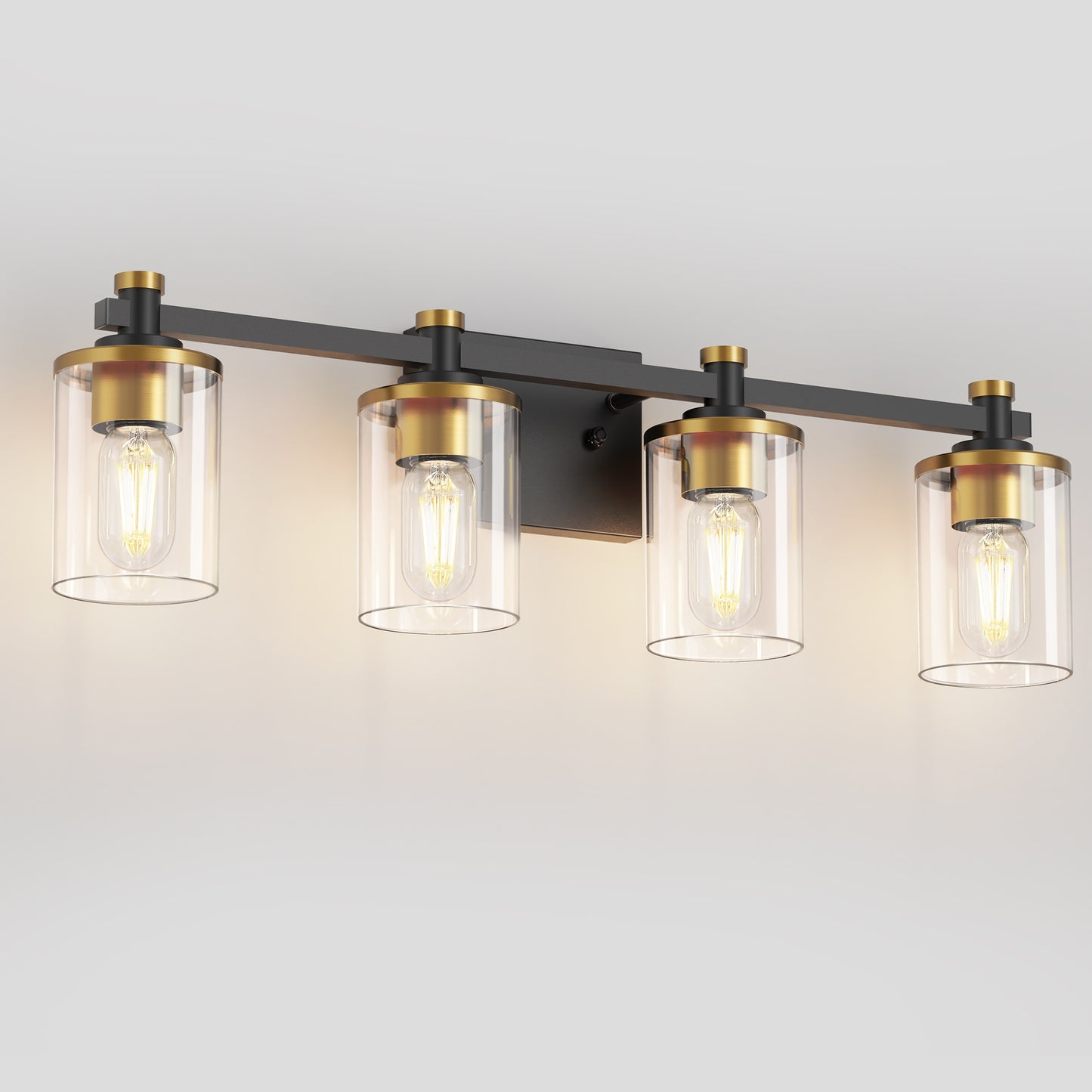 28 in. 4-Light Modern Black and Gold Bathroom Vanity Light with Clear Glass Shades for Bathroom, Bedroom, and Hallway