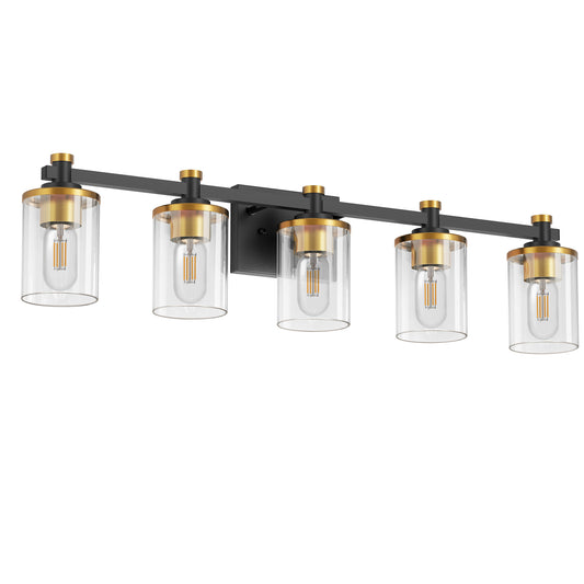 YANSUN 5-Head Black Gold Vanity Wall Light, Transparent Glass Shades, Non-Integrated E26 Bulbs, Modern Bathroom & Bedroom Lighting