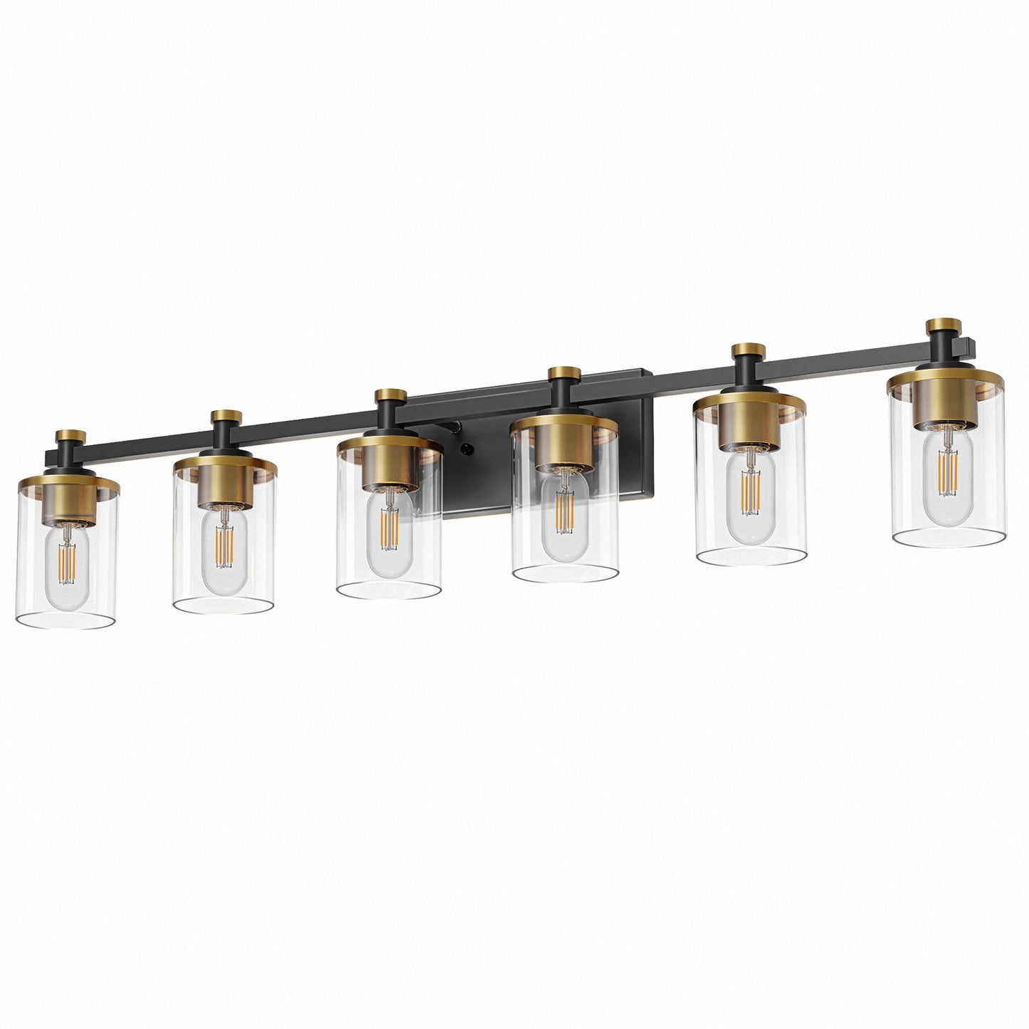 YANSUN 6-Head Black Gold Vanity Wall Light, Transparent Glass Shades, Non-Integrated E26 Bulbs, Modern Bathroom & Bedroom Lighting