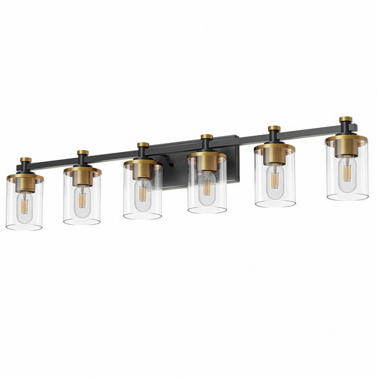 YANSUN 6-Head Black Gold Vanity Wall Light, Transparent Glass Shades, Non-Integrated E26 Bulbs, Modern Bathroom & Bedroom Lighting