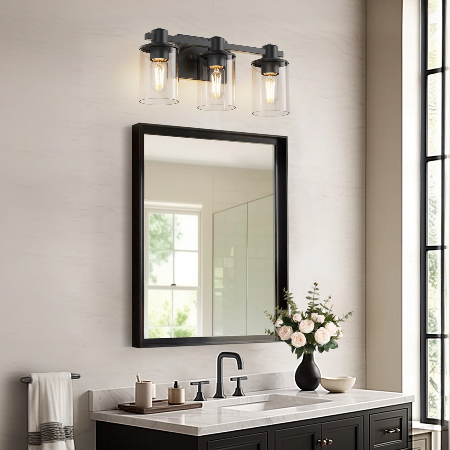 20 in. 3 Light Bathroom Vanity Light, Matte Black Fixtures with Clear Glass Shade, Modern Bathroom Lights Over Mirror