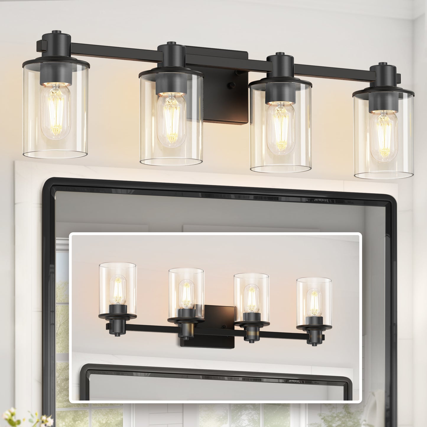 22 in. 4 Light Bathroom Vanity Light, Matte Black Fixtures with Clear Glass Shade, Modern Bathroom Lights Over Mirror