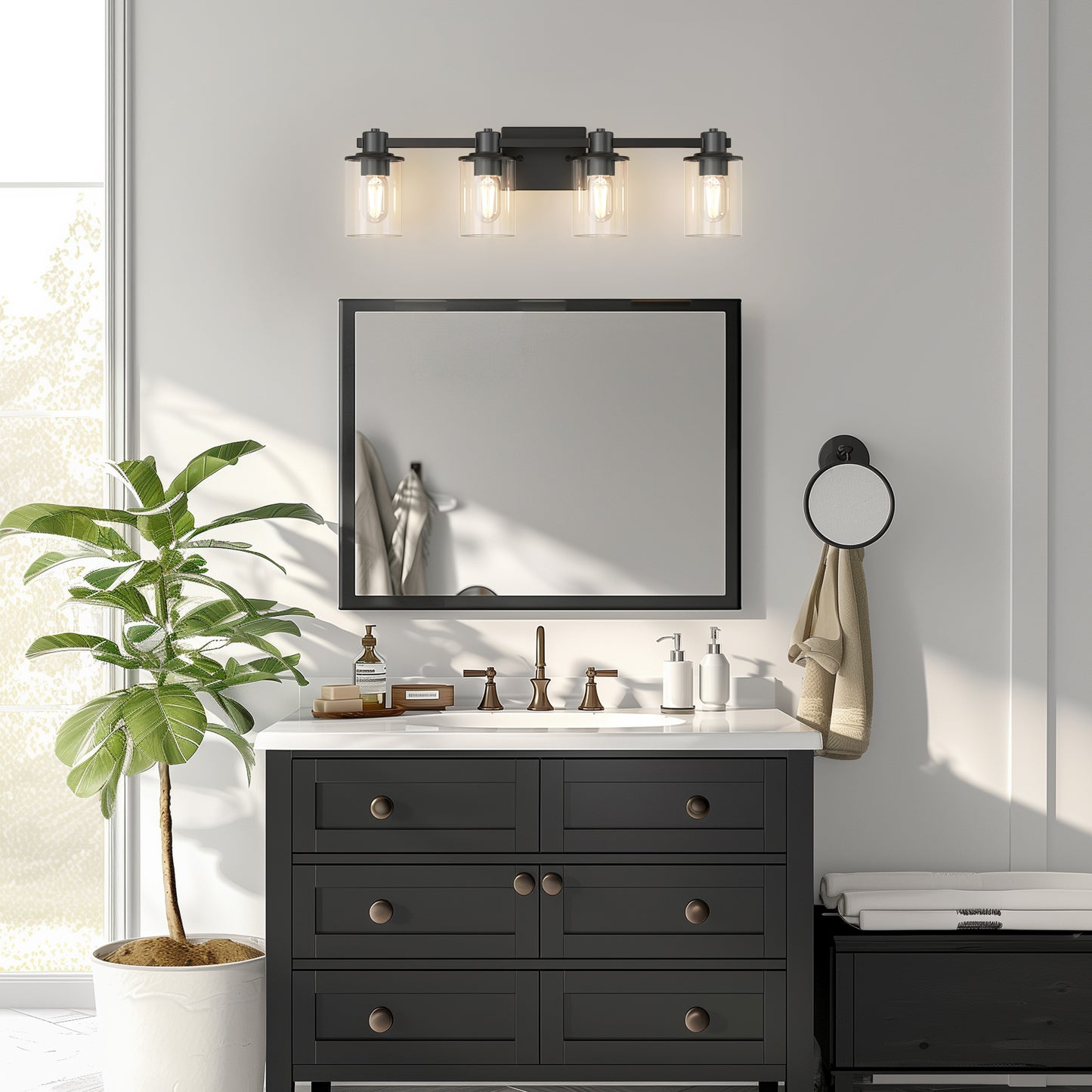 22 in. 4 Light Bathroom Vanity Light, Matte Black Fixtures with Clear Glass Shade, Modern Bathroom Lights Over Mirror