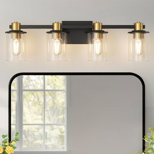26 in. 4-Light Black Gold Bathroom Vanity Light Fixture, Clear Glass Shade Wall Sconce for Bathroom, Mirror, or Hallway