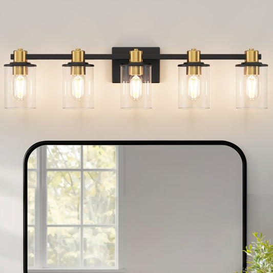 32 in. 5-Light Black Gold Bathroom Vanity Light Fixture, Clear Glass Shade Wall Sconce for Bathroom, Mirror, or Hallway