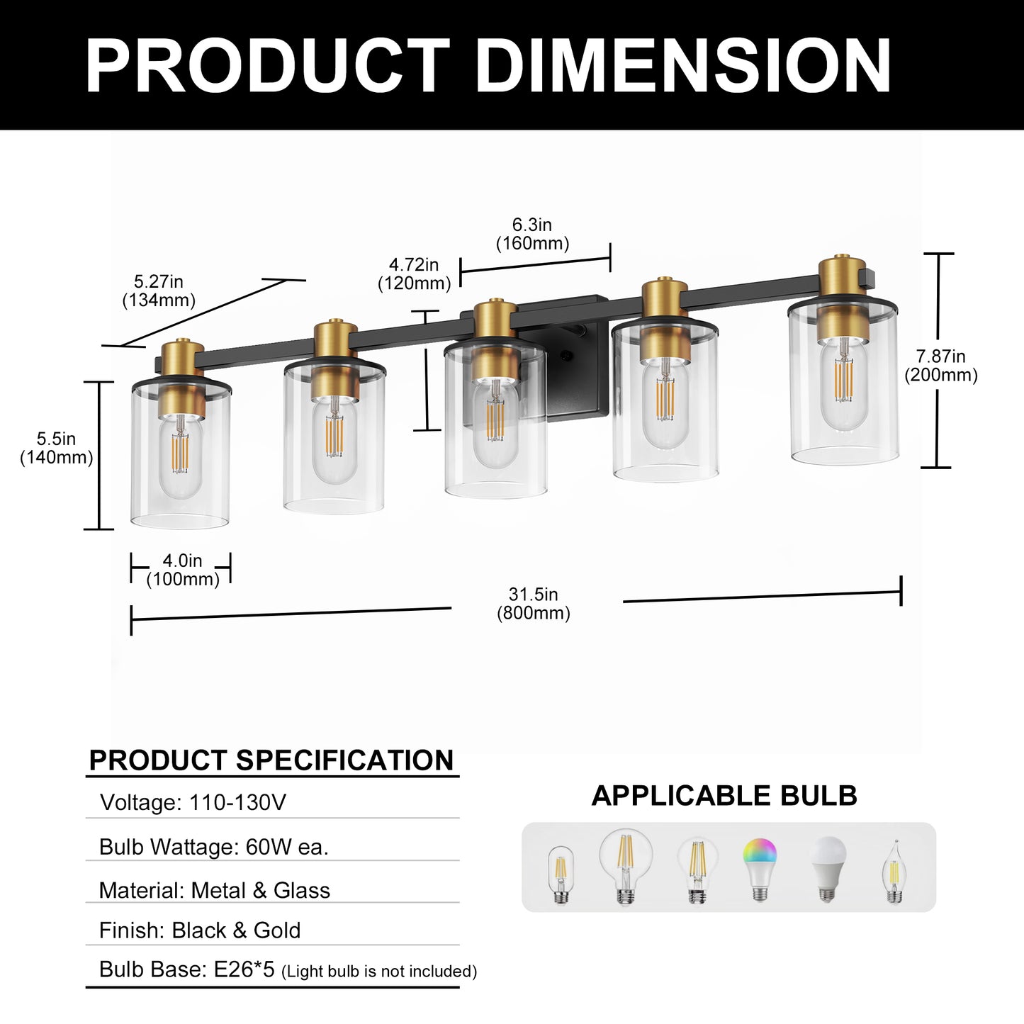 32 in. 5-Light Black Gold Bathroom Vanity Light Fixture, Clear Glass Shade Wall Sconce for Bathroom, Mirror, or Hallway