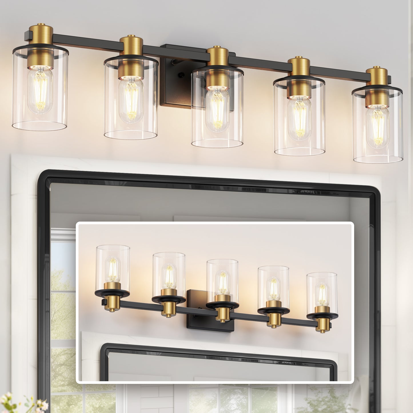 32 in. 5-Light Black Gold Bathroom Vanity Light Fixture, Clear Glass Shade Wall Sconce for Bathroom, Mirror, or Hallway