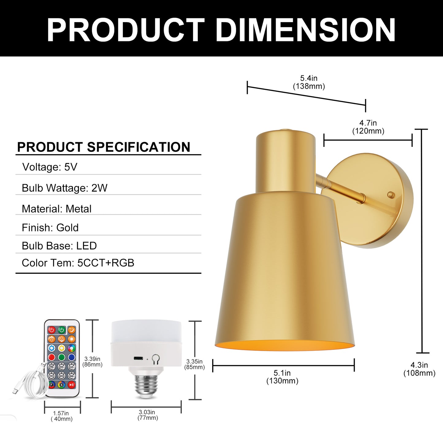 5.1 in. 2-Pack Gold Wireless Wall Sconces, Dimmable LED Wall Lights with Remote Control for Bathroom