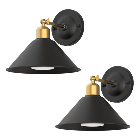 YANSUN 9 in. 1-Light Black and Gold Bell Wireless Wall Sconces, Dimmable LED Lights with Remote Control for Hallway (2-Pack)