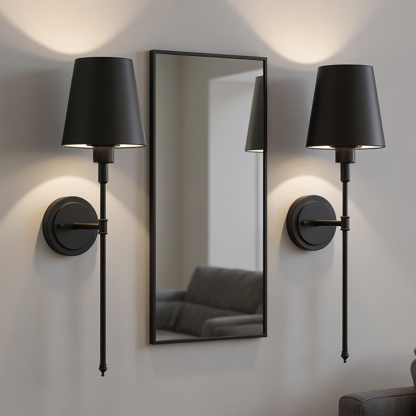 YANSUN 2-Pack Indoor Wall Sconces with Black Iron Cone Shade, 2W RGB CW Dimmable LED, Remote-Controlled, Extra Bulbs Included