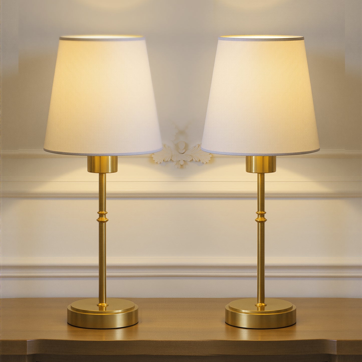 YANSUN Set of 2 Copper Finish Traditional Table Lamps with White Shade, Bulbs Included, RGB Lighting, Remote Control and USB Cable