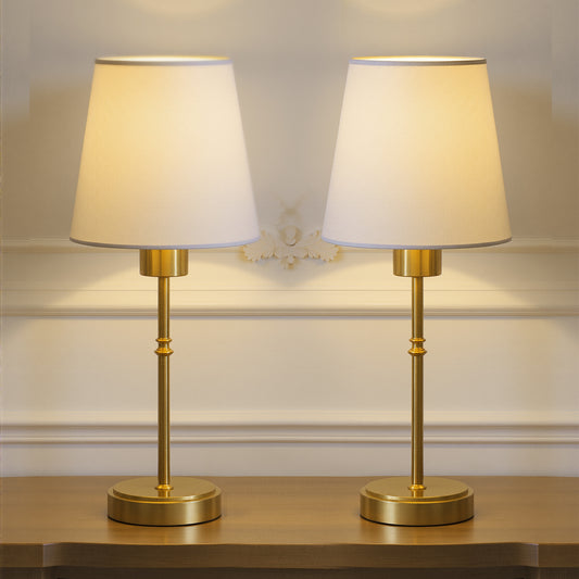 YANSUN Set of 2 Copper Finish Traditional Table Lamps with White Shade, Bulbs Included, RGB Lighting, Remote Control and USB Cable
