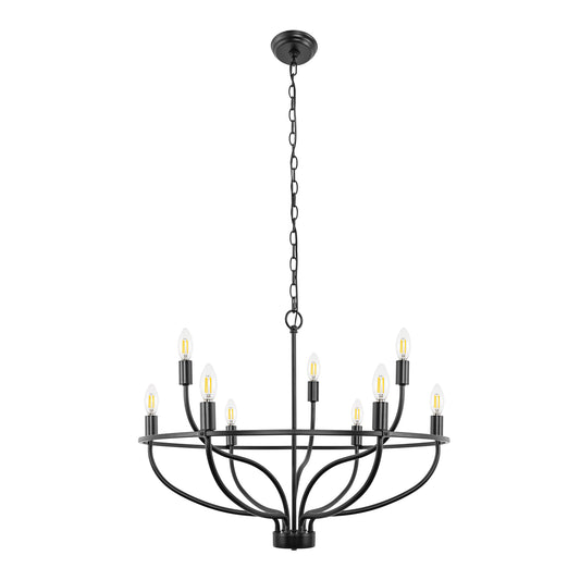 YANSUN 9-Light Black Large Circle Chandelier, 28.5-Inch Round Ring Wagon Wheel Pendant Light for Dining Room or Living Room