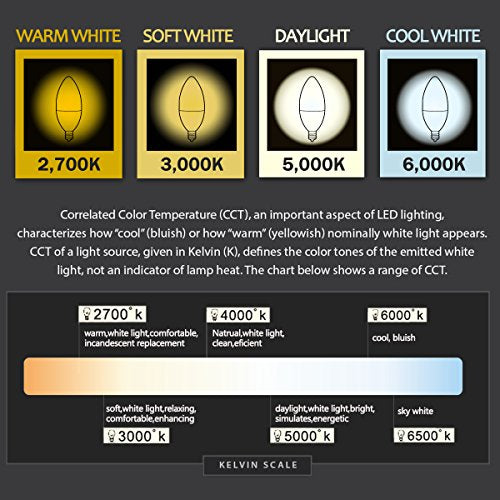 Yansun 60 Watt LED Non-Dimmable Light Bulb E12/Candelabra (Set of 6), B10 Chandelier Candle Bulbs 5000K Daylight White, 6W Type B Ceiling Fan Bulbs 470LM, Non-Dimmable, 6 Packs