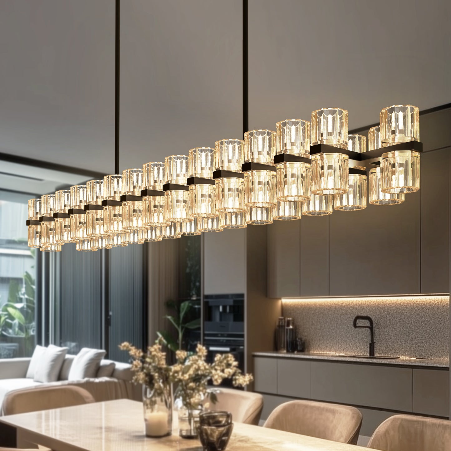 53 in. 60-Light Black Crystal Rectangular Chandelier for Large Living Room, Dining Room
