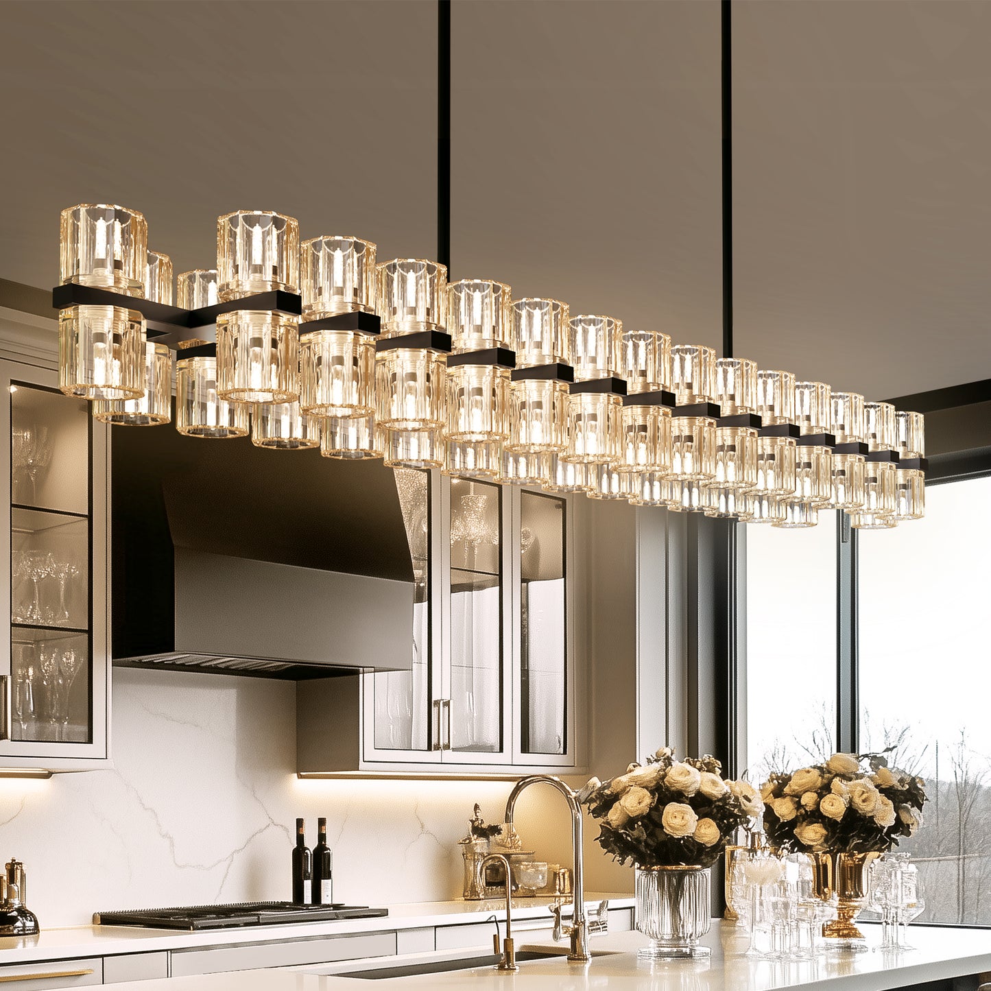 53 in. 60-Light Black Crystal Rectangular Chandelier for Large Living Room, Dining Room