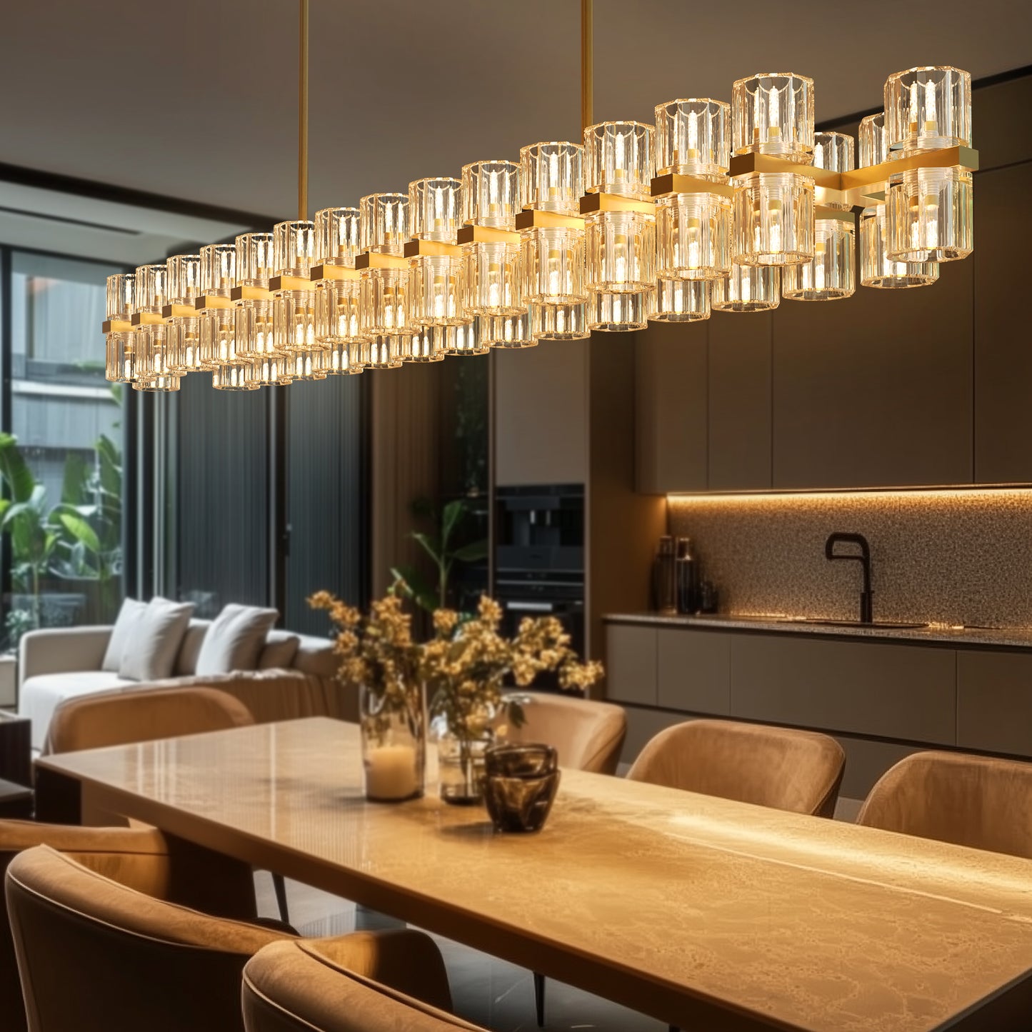 53 in. 60-Light Gold Crystal Rectangular Chandelier for Large Living Room, Dining Room
