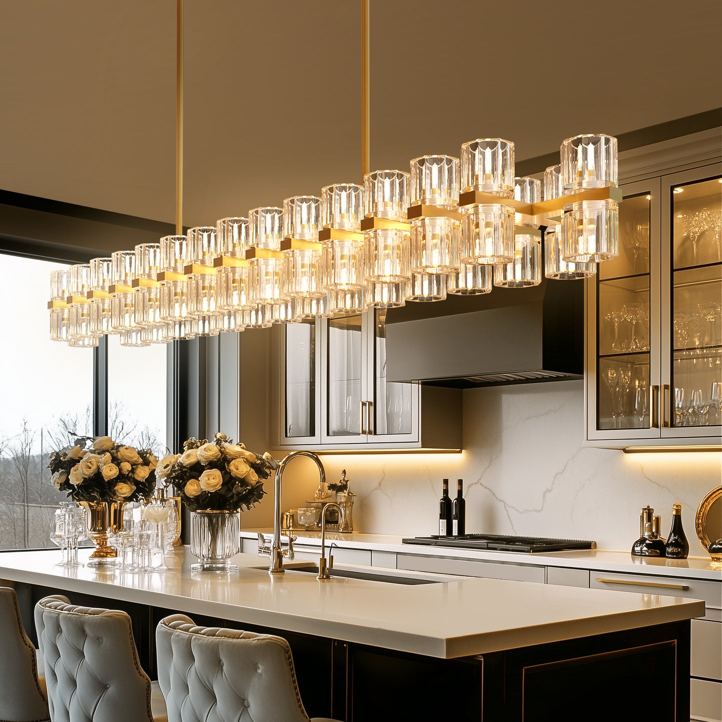 53 in. 60-Light Gold Crystal Rectangular Chandelier for Large Living Room, Dining Room