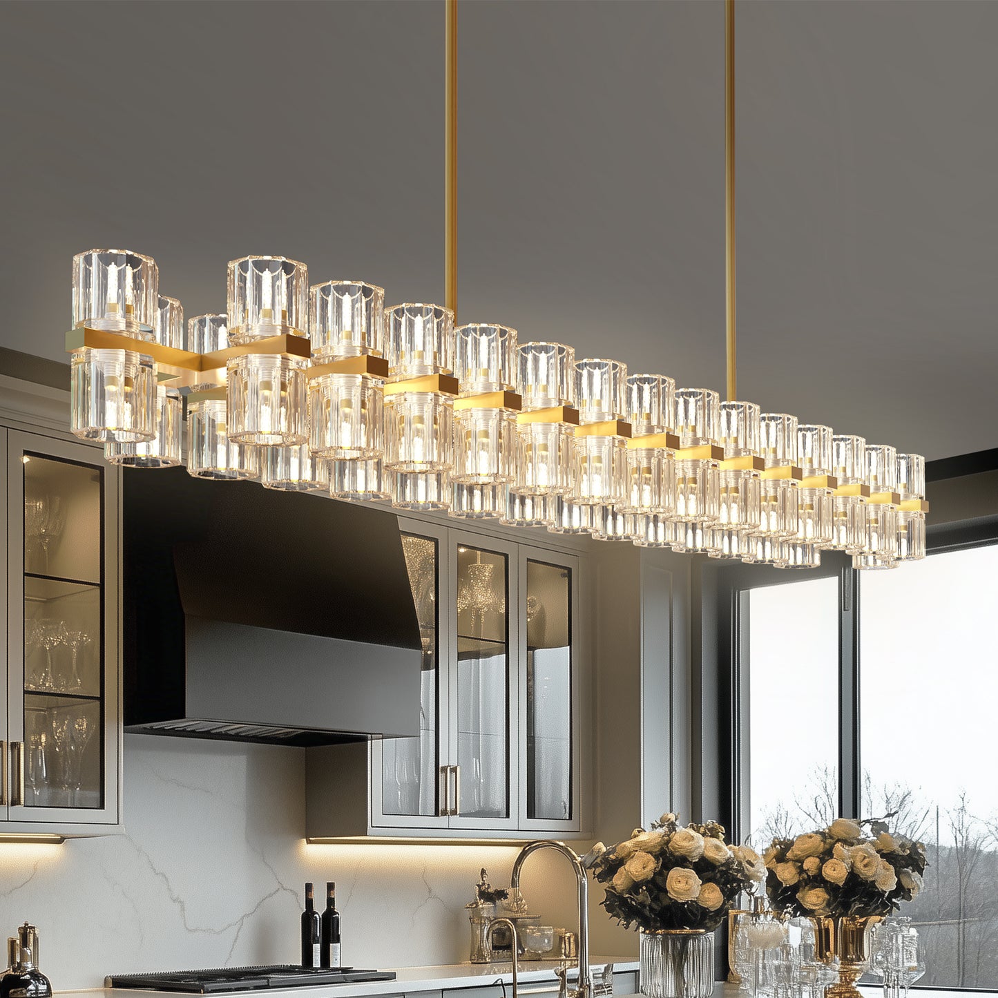 53 in. 60-Light Gold Crystal Rectangular Chandelier for Large Living Room, Dining Room