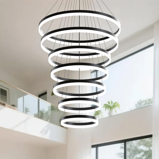 YANSUN Ring-Shaped Chandelier with Integrated LED, Non-Charging, Black Powder-Coated Metal, Adjustable 3000K/4000K/6000K