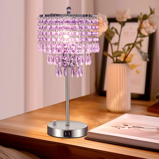 17 in. Chrome LED Integrated Table Lamp with Purple Crystal with 3-Way Dimmer Rotary Switch and Dual USB Charging Ports