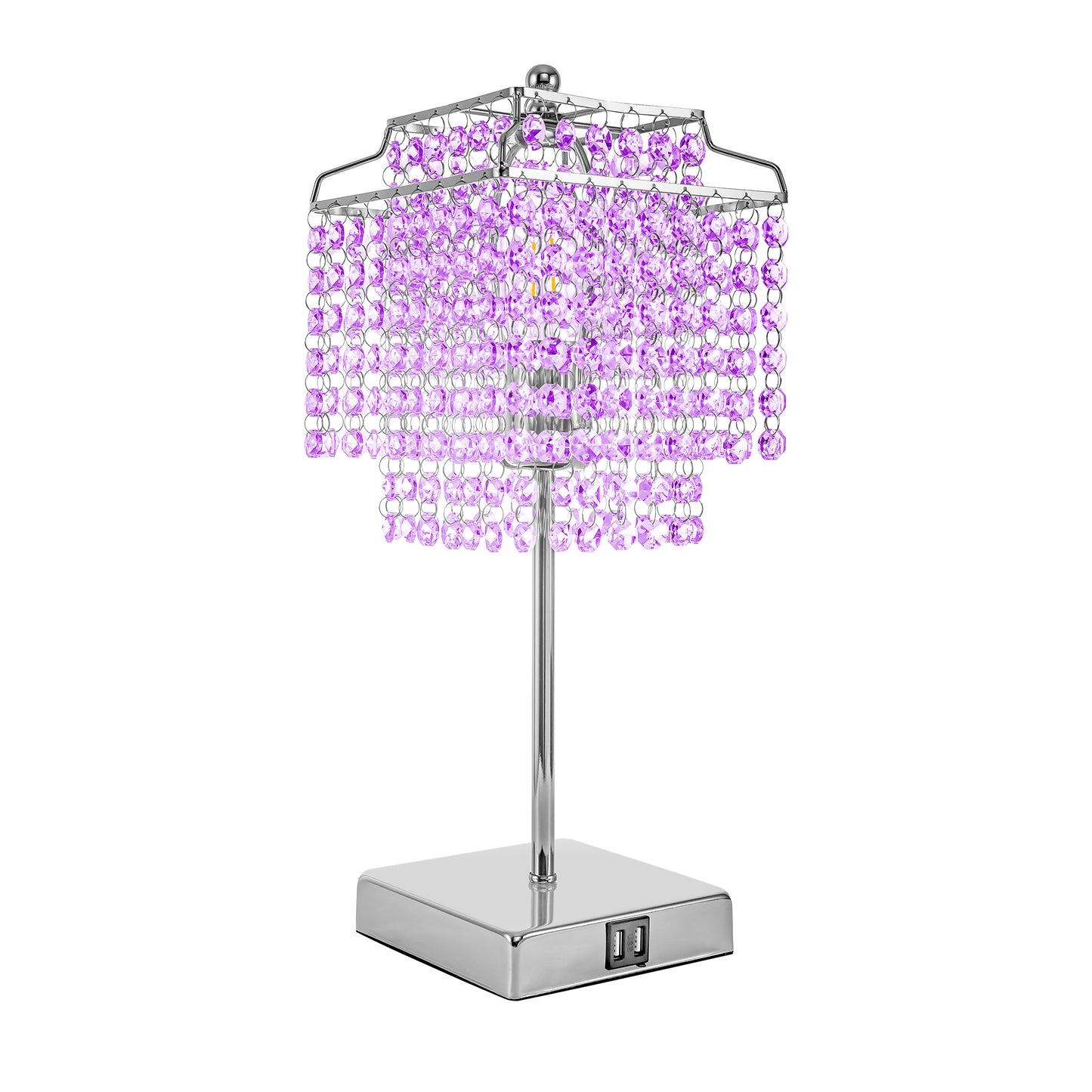 YANSUN 17.32 in. Chrome Desk Lamp with Purple Crystal No Bulb Included Dimmable Lamp with Dual USB Port and E26 Socket