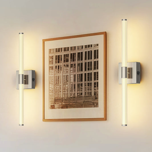 24 in. Nickel 1-Light LED Wall Sconce Set, Wireless Rechargeable Vanity Light Bar for Bedroom and Bathroom