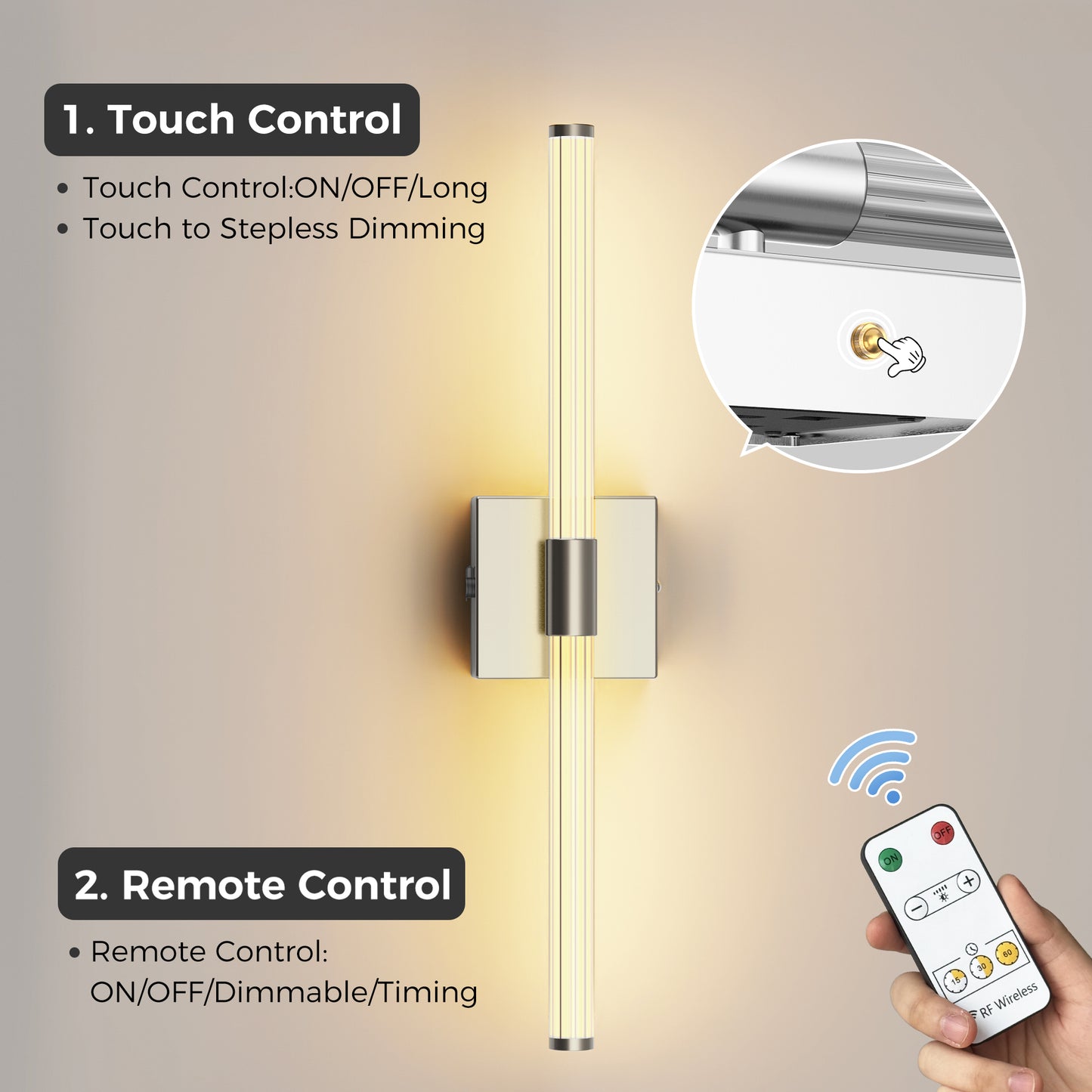 24 in. Nickel 1-Light LED Wall Sconce Set, Wireless Rechargeable Vanity Light Bar for Bedroom and Bathroom