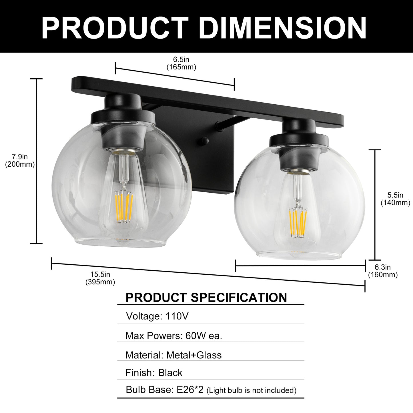 16 in. 2-Light Industrial Matte Black Bathroom Vanity Light, Open Globe Clear Glass Wall Sconce