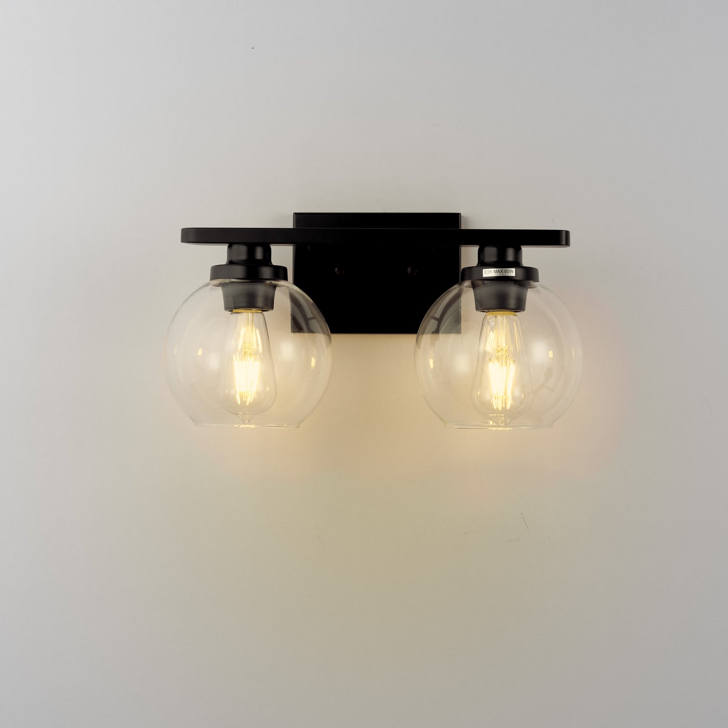 16 in. 2-Light Industrial Matte Black Bathroom Vanity Light, Open Globe Clear Glass Wall Sconce