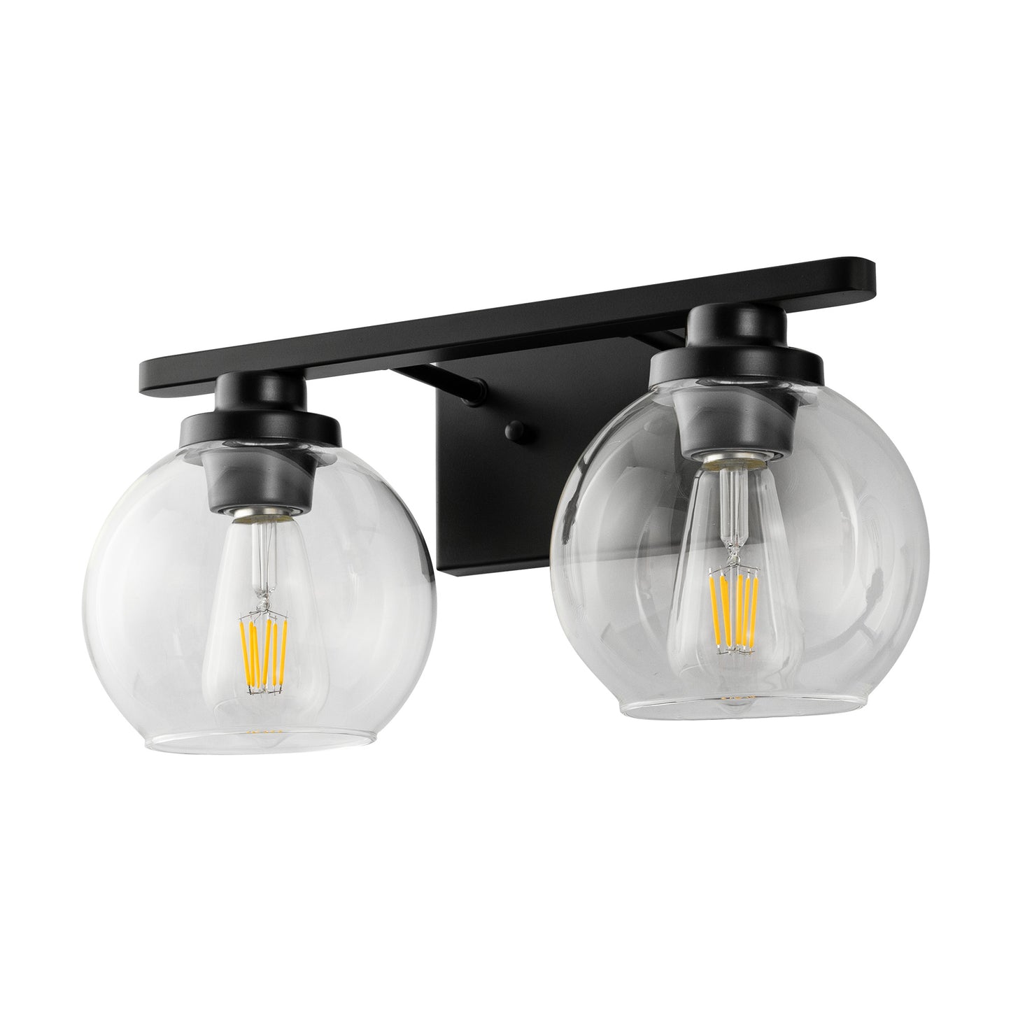16 in. 2-Light Industrial Matte Black Bathroom Vanity Light, Open Globe Clear Glass Wall Sconce