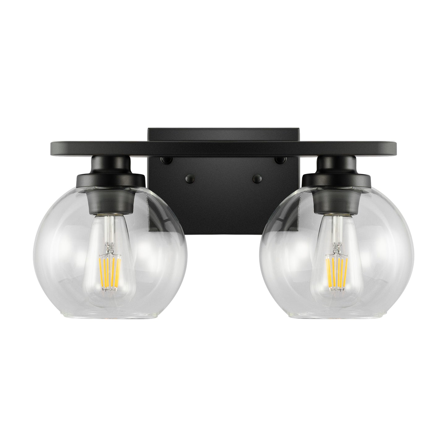 16 in. 2-Light Industrial Matte Black Bathroom Vanity Light, Open Globe Clear Glass Wall Sconce