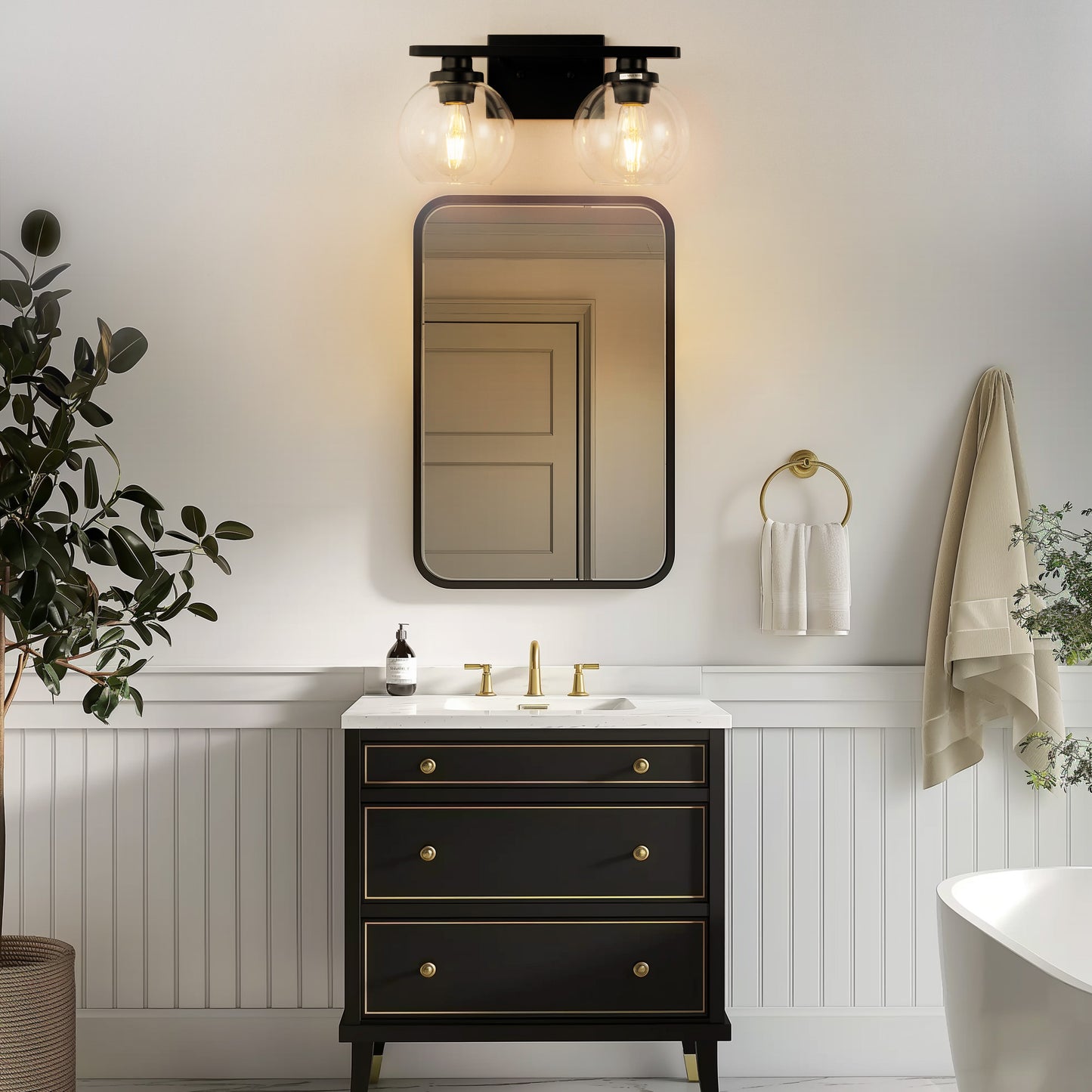 16 in. 2-Light Industrial Matte Black Bathroom Vanity Light, Open Globe Clear Glass Wall Sconce