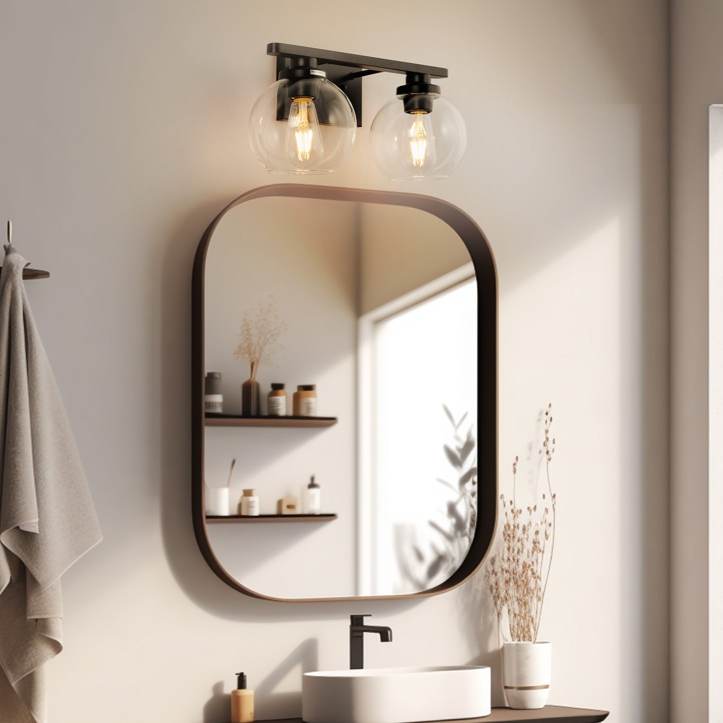 16 in. 2-Light Industrial Matte Black Bathroom Vanity Light, Open Globe Clear Glass Wall Sconce