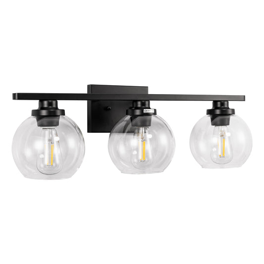 Elegant 25 in. 3-Light Matte Black Bathroom Vanity Light, Modern Farmhouse Wall Sconce with Open Globe Glass Shades