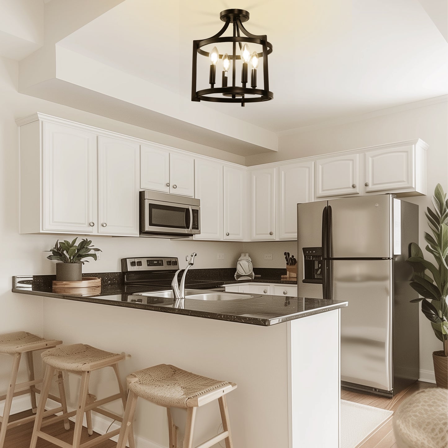 4-Light Black Drum Pendant Light, Convertible Semi Flush Mount Ceilingfor Dining Room,Bedroom, Foyer, Entryway