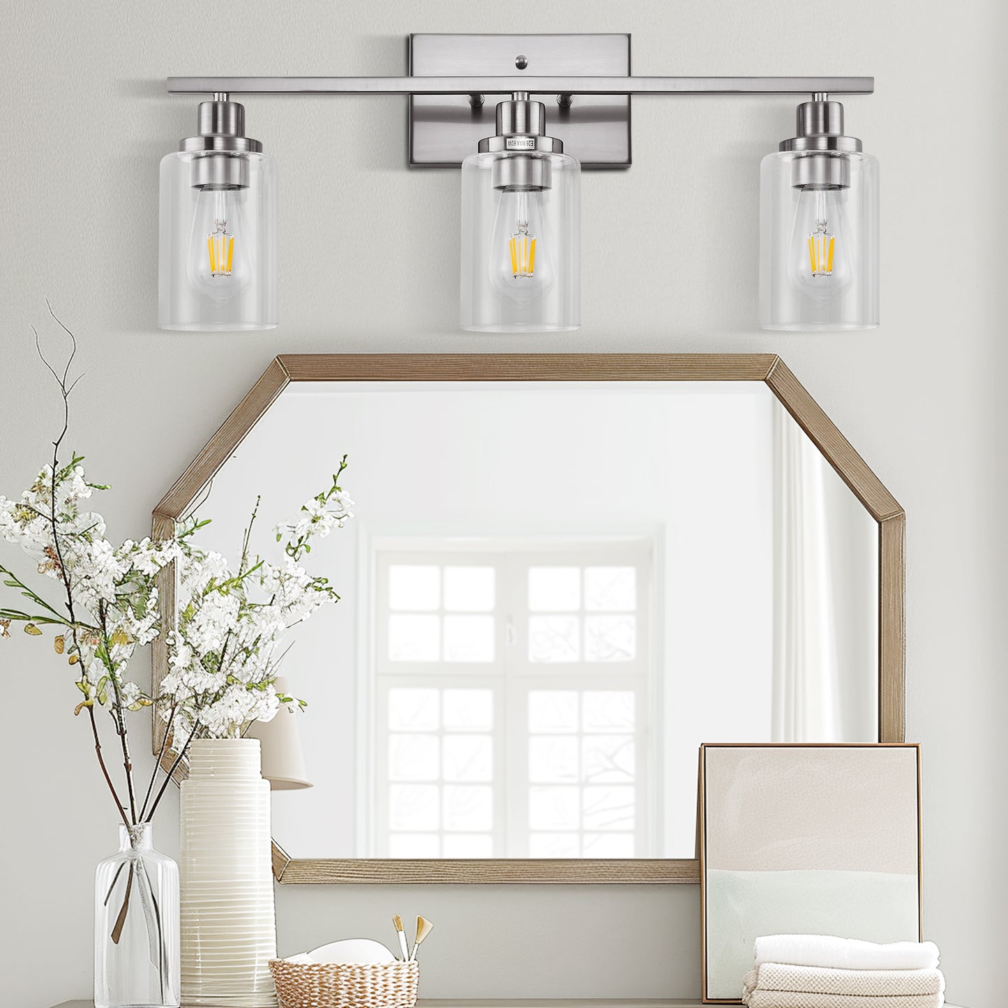 24 in. 3-Light Industrial Brushed Nickel Vanity Light Fixtures for Bathroom with Clear Glass Shades