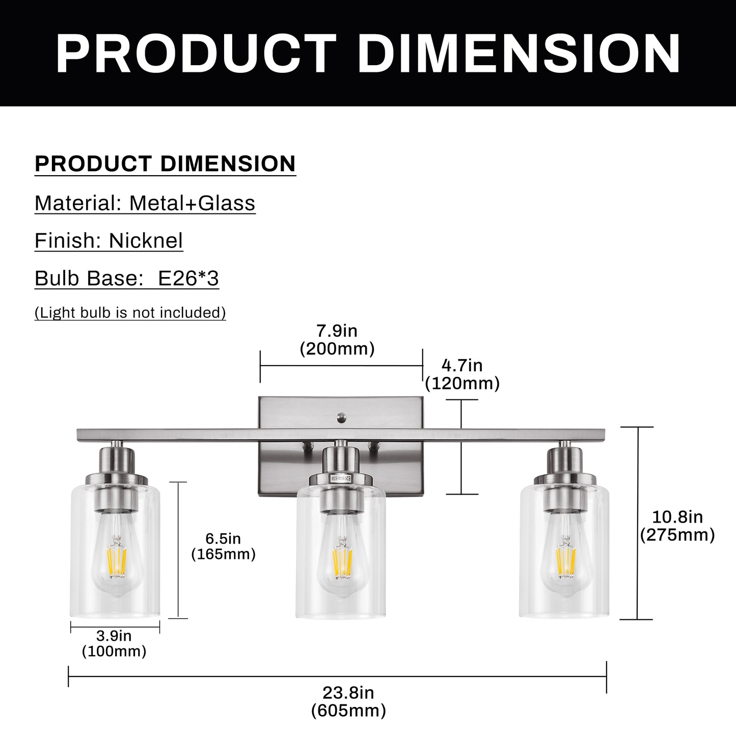 24 in. 3-Light Industrial Brushed Nickel Vanity Light Fixtures for Bathroom with Clear Glass Shades
