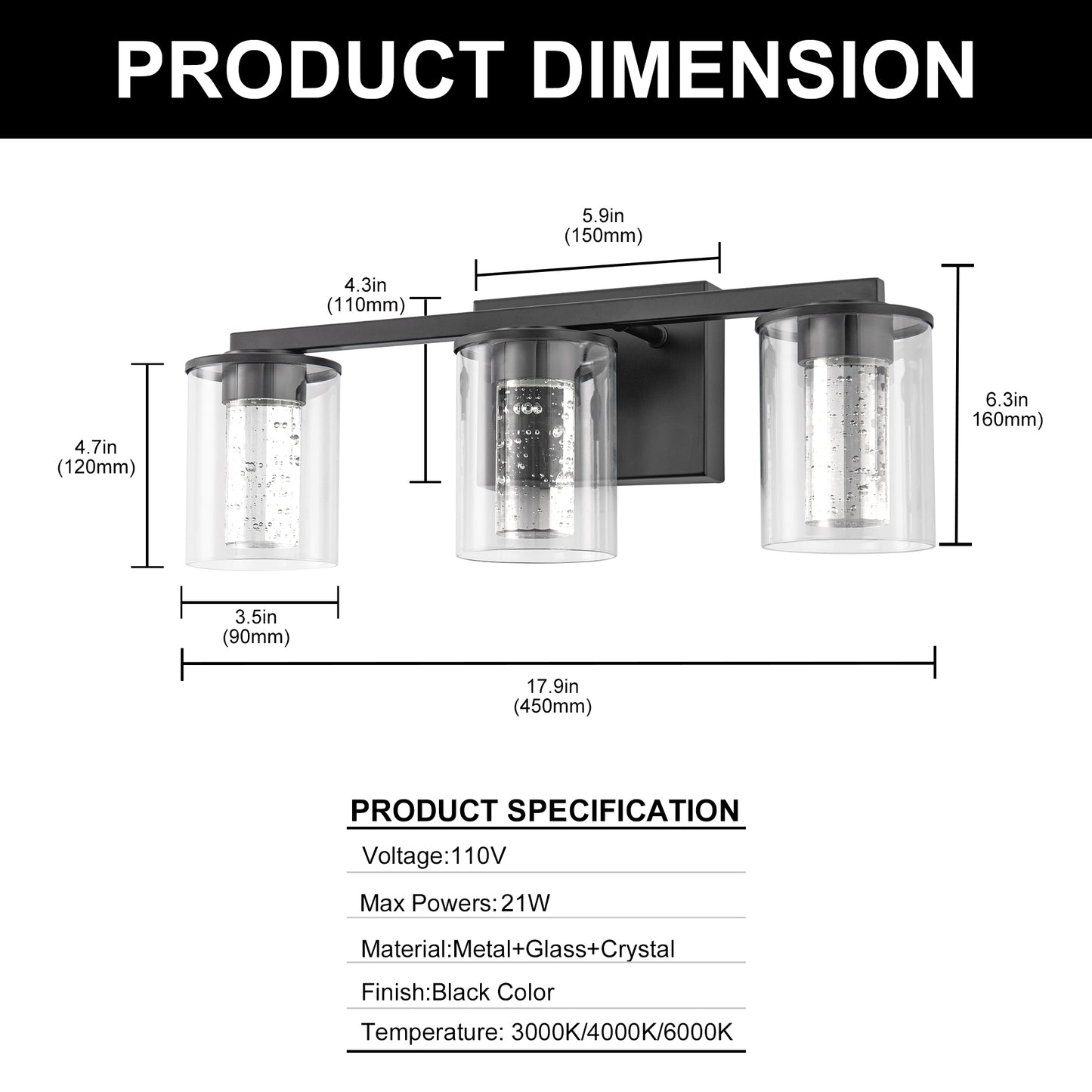 18 in. Modern 3-Light Black Crystal LED Vanity Light with Clear Glass Shades, Dimmable Lighting