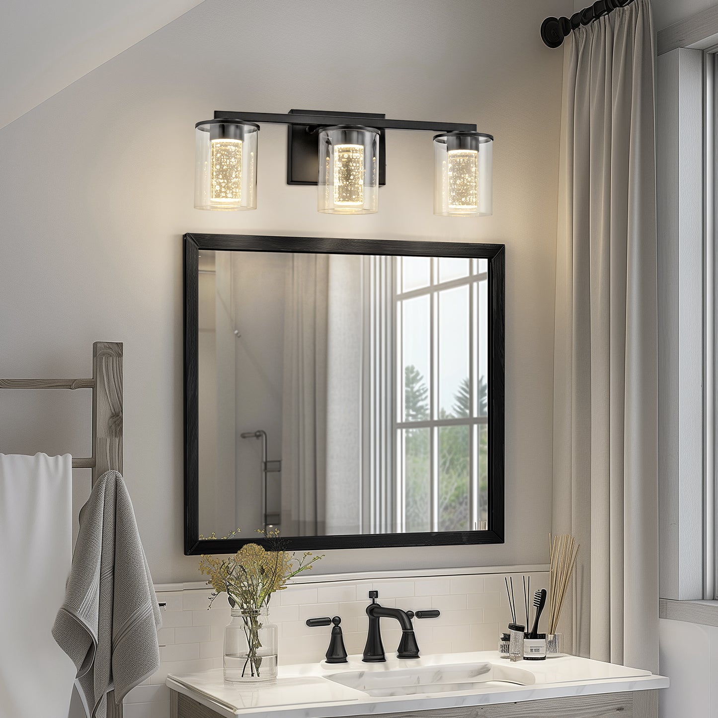 18 in. Modern 3-Light Black Crystal LED Vanity Light with Clear Glass Shades, Dimmable Lighting
