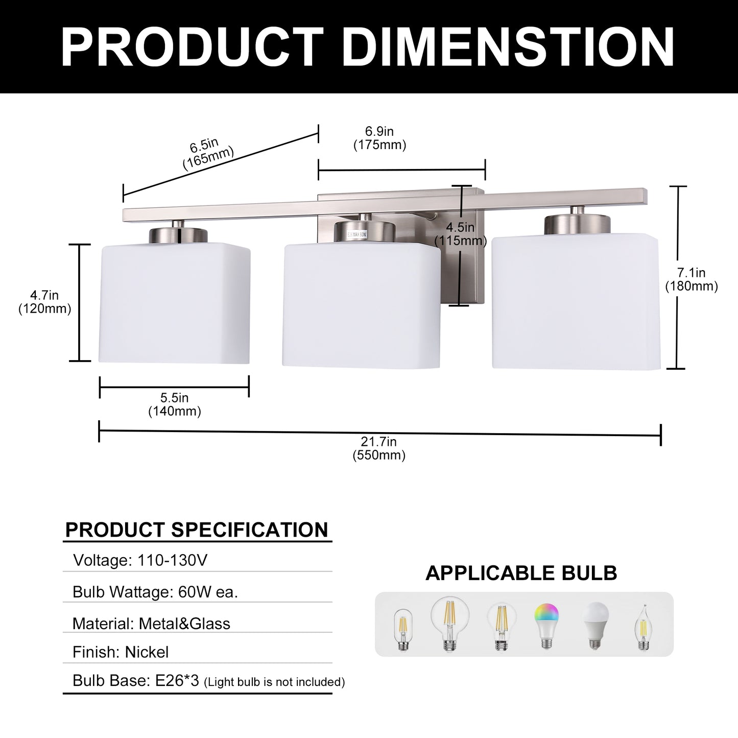 22 in. 3 Light Nickel Modern Square Vanity Light for Bathroom, Bedroom, Hallway with Milk White Glass Shades