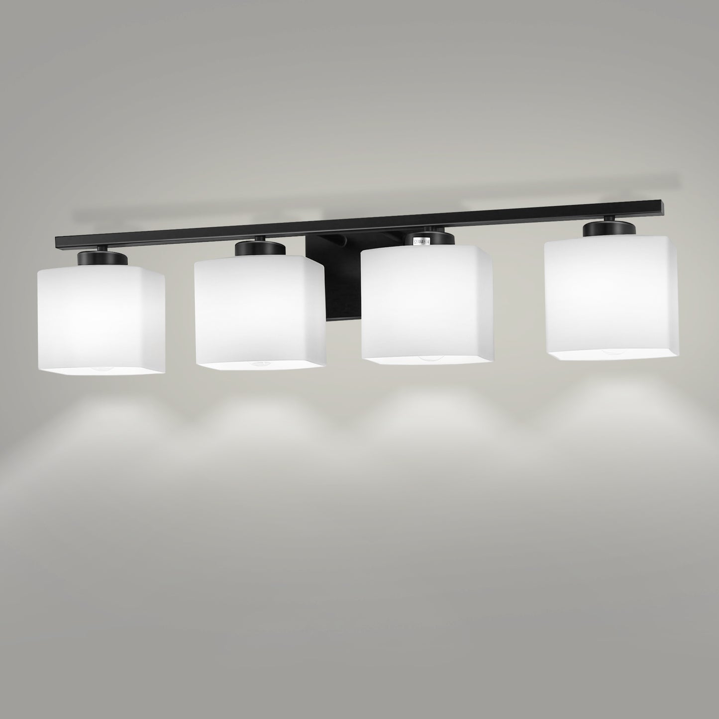 31 in. 4 Light Matte Black Modern Square Vanity Light for Bathroom, Bedroom, Hallway with Milk White Glass Shades