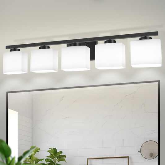 40 in. 5 Light Matte Black Modern Square Vanity Light with Milk White Glass Shades for Large Mirror in Bathroom