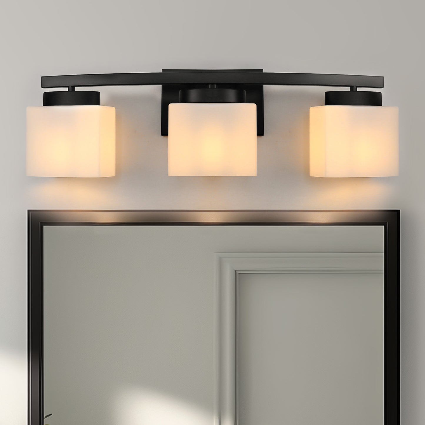 24 in. 3 Light Matte Black Modern Industrial Square Vanity Light for Bathroom with Curved Arms and Milk White Shades