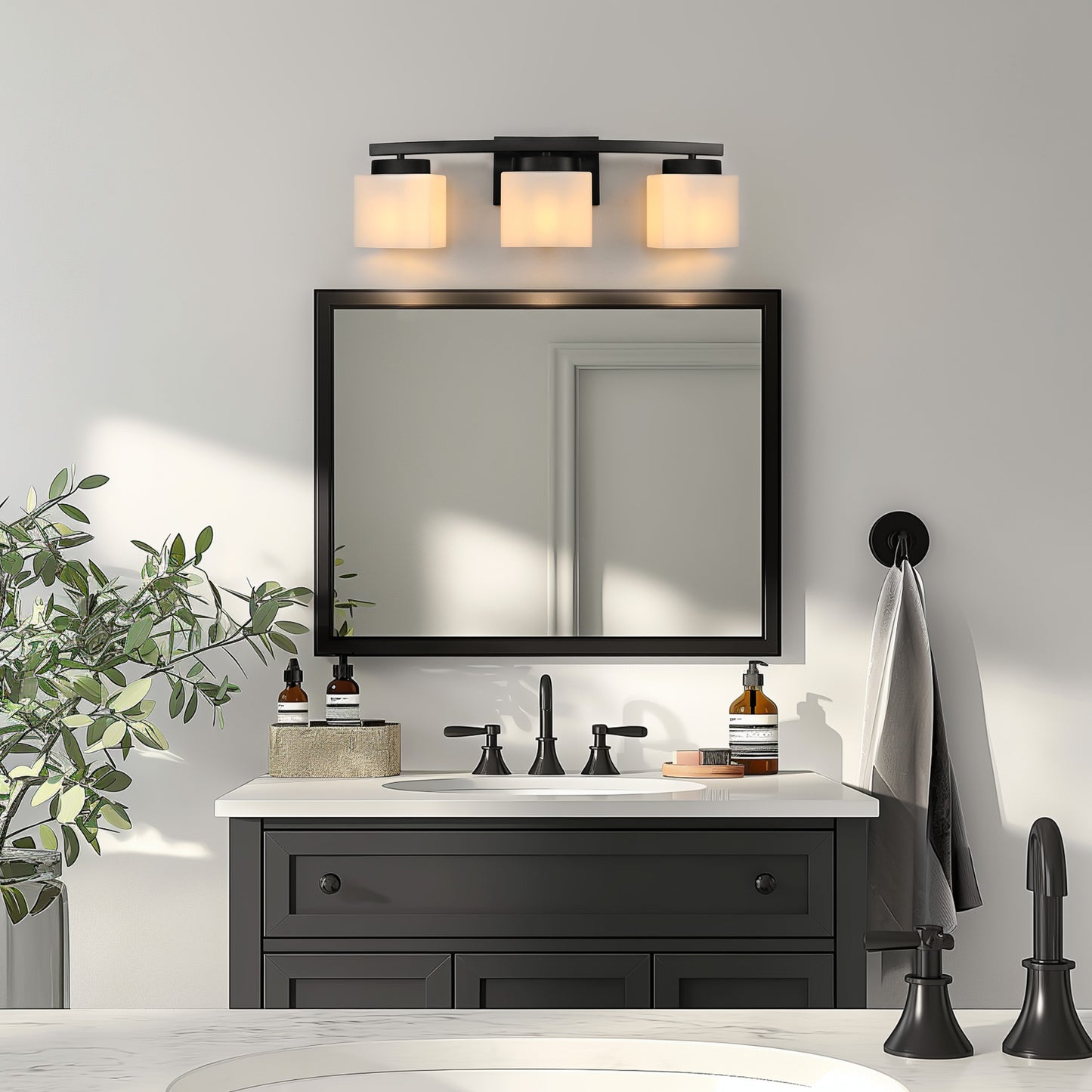 24 in. 3 Light Matte Black Modern Industrial Square Vanity Light for Bathroom with Curved Arms and Milk White Shades