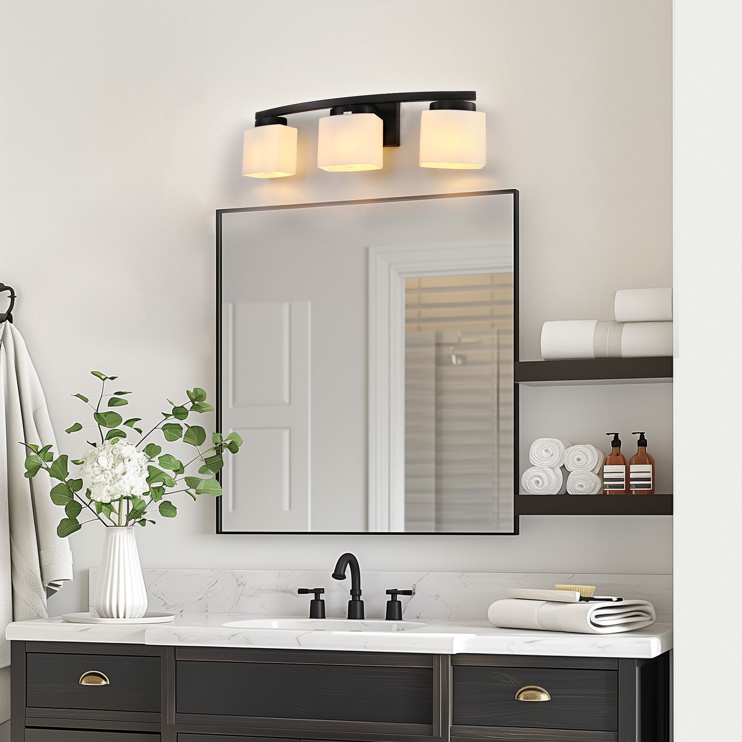 24 in. 3 Light Matte Black Modern Industrial Square Vanity Light for Bathroom with Curved Arms and Milk White Shades